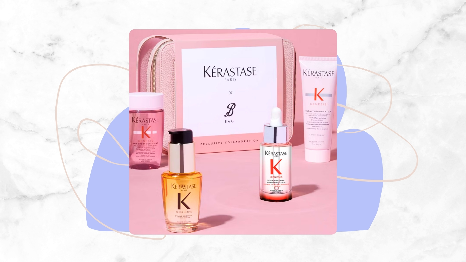 Boots X Kerastase Beauty Icons Gift Set on a white marble background with purple and pink motifs