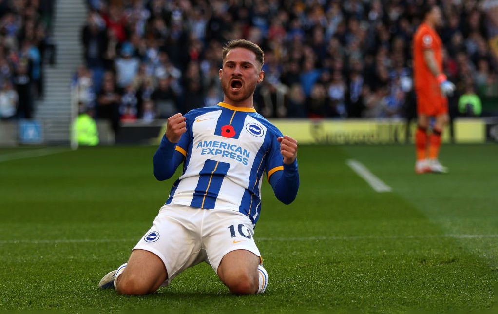 Liverpool target Alexis Mac Allister of Brighton &amp; Hove Albion celebrates after scoring their side&#039;s first goal during the Premier League match between Brighton &amp; Hove Albion and Aston Villa at American Express Community Stadium on November 13, 2022 in Brighton, England.