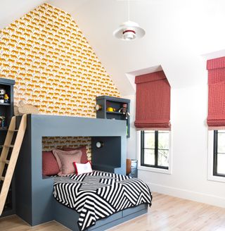kids bedroom with toy storage, elevated area above bed, yellow animal wallpaper, red blinds