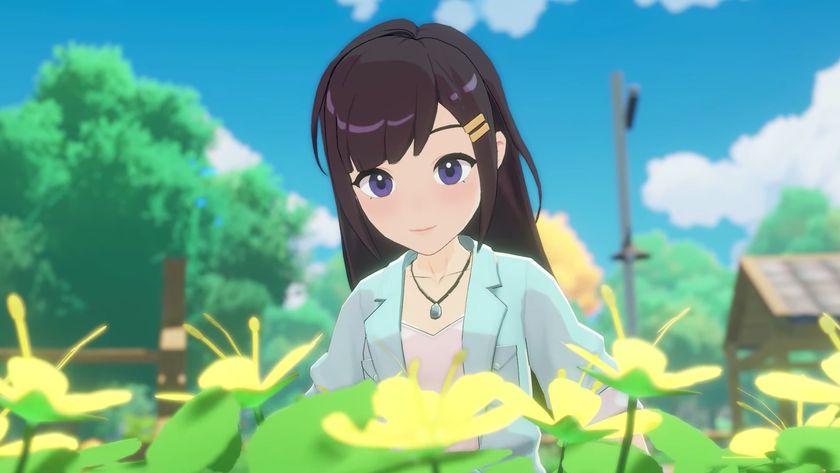 Starsand Island screenshot of dark haired female protagonist looking at flowers
