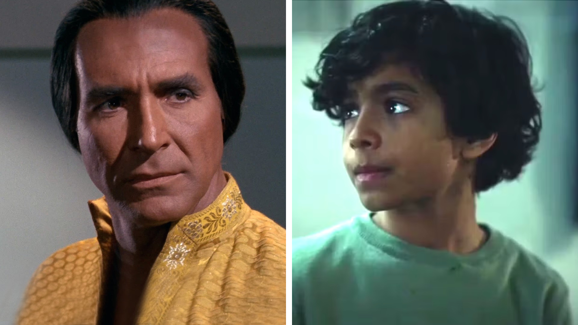 Split image showing Ricardo Montalban (Left) and Desmond Sivan (Right), who played Khan Noonien Singh in Star Trek: The Original Series and Star Trek: Strange New Worlds, respectively.