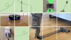 Some of the best vacuum cleaners on a green background: the SEBO lifting flour off the floor, the Dyson V8 controls, and the Shark vacuum on a hardwood floor