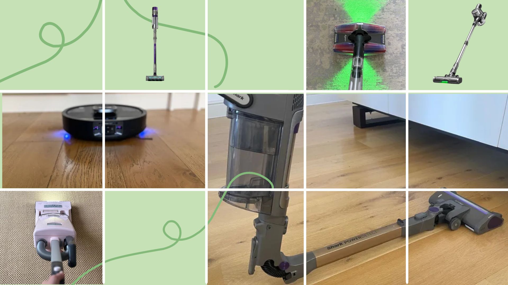 Some of the best vacuum cleaners on a green background: the SEBO lifting flour off the floor, the Dyson V8 controls, and the Shark vacuum on a hardwood floor
