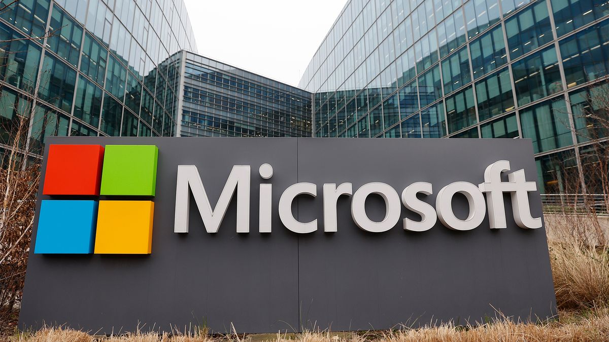 Microsoft logo and branding pictured on a sign outside the company&#039;s France headquarters.