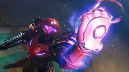 Metroid Prime 4 screenshot of Samus grasping purple energy