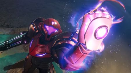 Metroid Prime 4 screenshot of Samus grasping purple energy