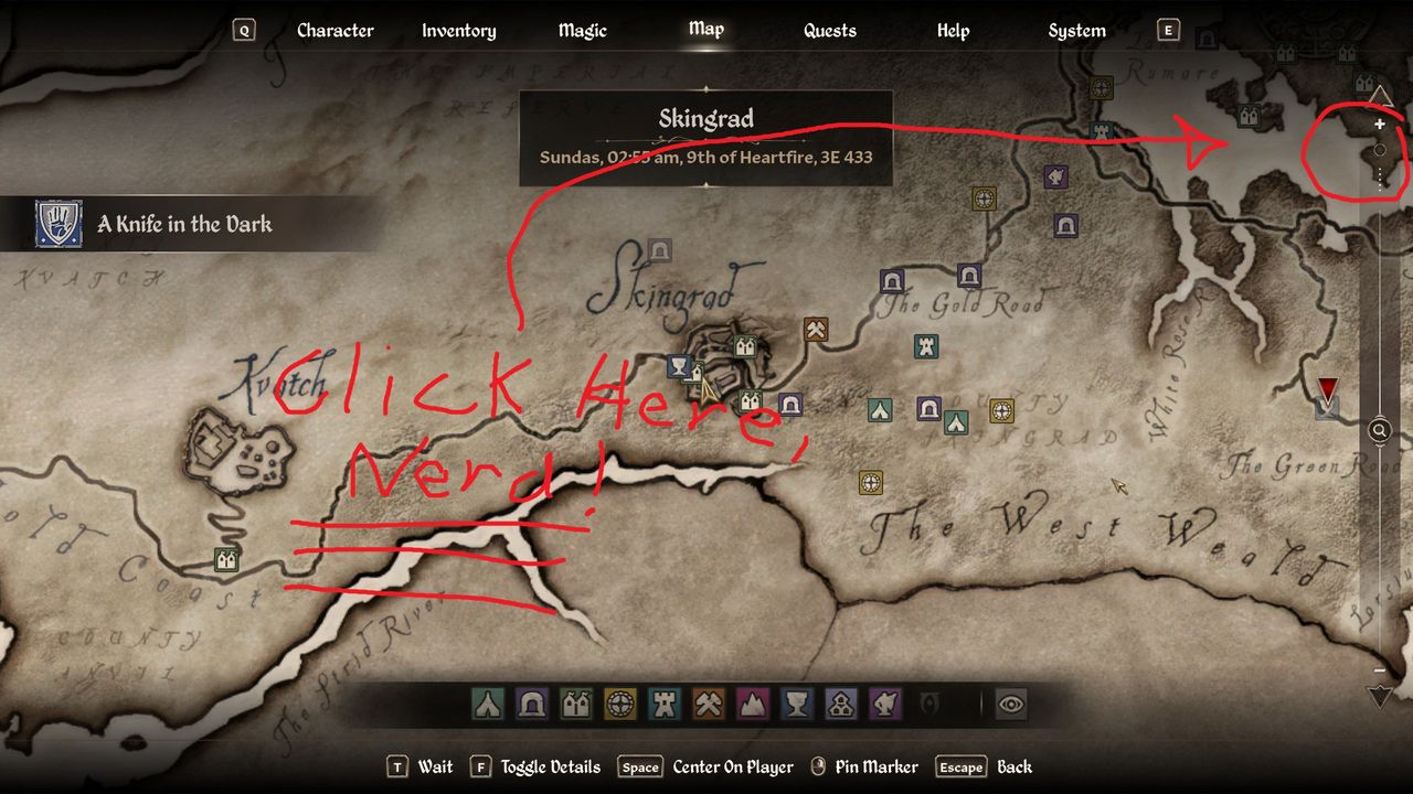World map of Oblivion Remastered showing where to click to access the local map