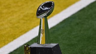 A detailed view of the Vince Lombardi Trophy is seen on the field prior to the star of Super Bowl LIX between the Kansas City Chiefs and Philadelphia Eaglesat Caesars Superdome on February 09, 2025 in New Orleans, Louisiana. 