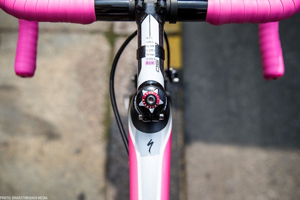 Contador's stage notes are taped to his stem.