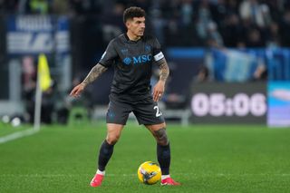 Giovanni Di Lorenzo of SSC Napoli in action during the Serie A match between SS Lazio and Napoli at Stadio Olimpico on February 15, 2025 in Rome, Italy.