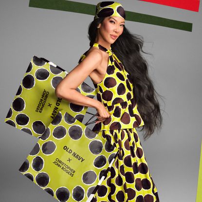 Kimora Lee wearing a green, brown, and black polka dot set from the Old Navy x Christopher John Rogers collaboration
