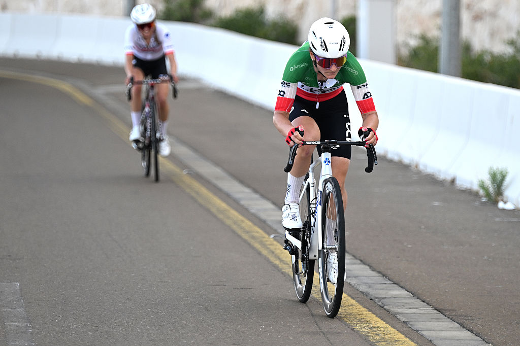 JEBEL HAFEET, UNITED ARAB EMIRATES - FEBRUARY 08: Elisa Longo Borghini of Italy and Team UAE ADQ attacks in the breakaway during the 4th UAE Tour Women 2026, Stage 4 a 156km stage from Al Ain Hazza Bin Zayed Stadium to Jebel Hafeet 1042m / #UCIWWT / on February 08, 2026 in Jebel Hafeet, United Arab Emirates. (Photo by Tim de Waele/Getty Images)