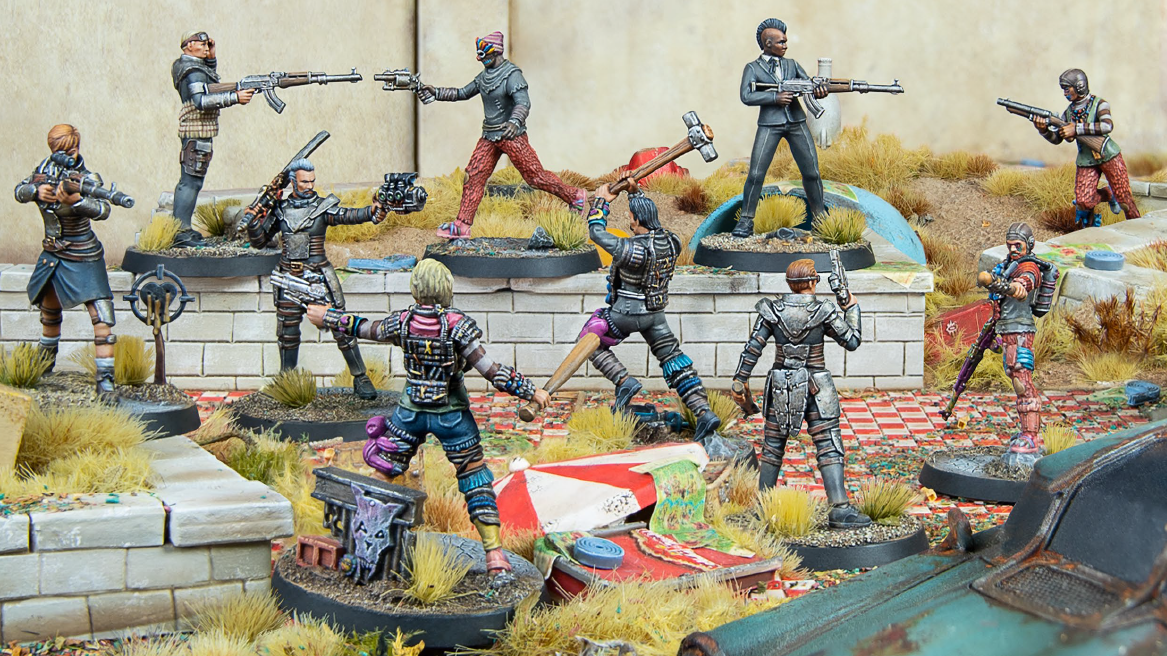 A group of Raider miniatures in Fallout: Factions.