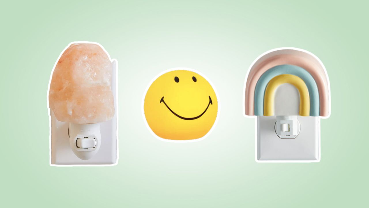 Salt lamp night light, smiley face night light, rainbow night light on green background