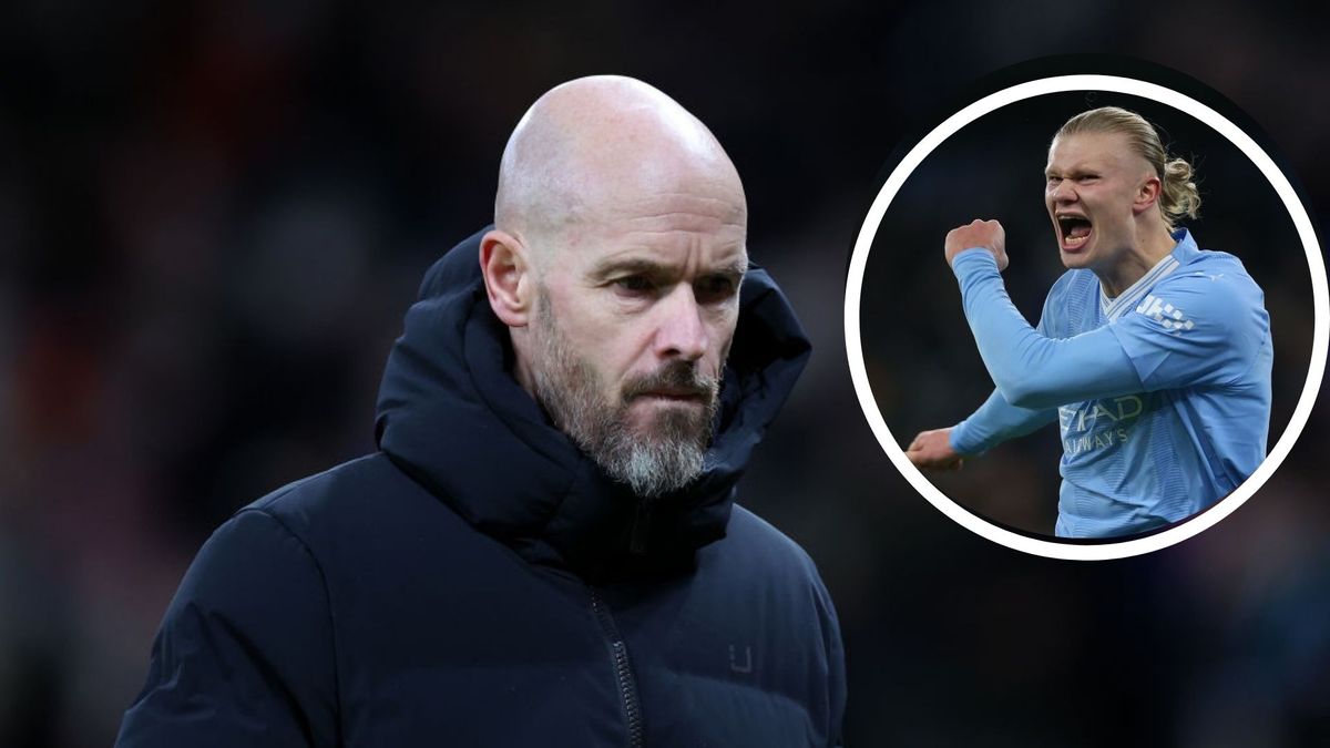 Manchester United manager Erik ten Hag looks dejected with Manchester City striker Erling Haaland alongside him