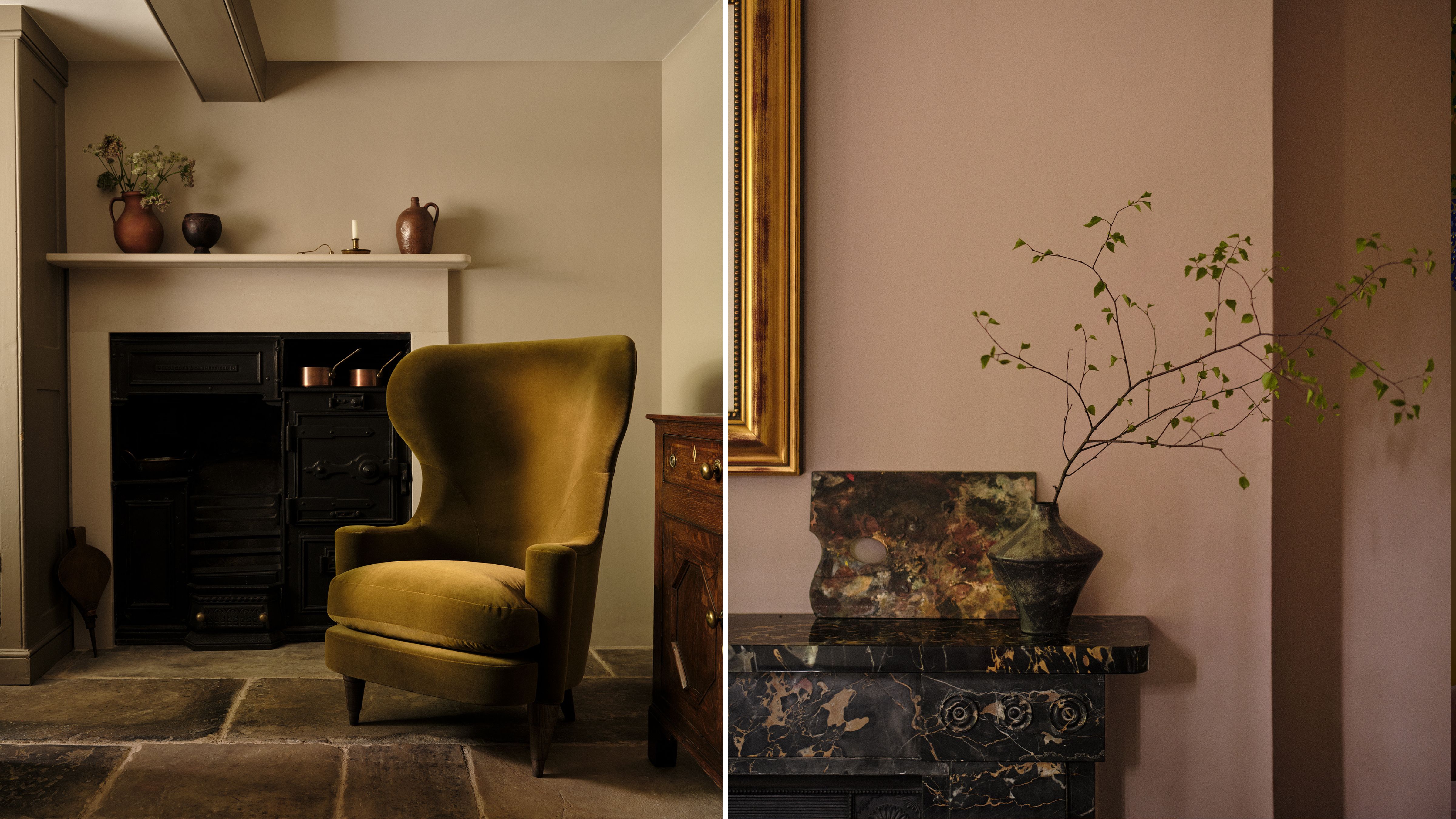 Love Your Home x Turner's House green armchair pictured side-by-side similarly tinged natural stone details found in Sandycombe Lodge