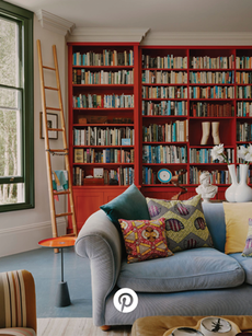 Grey sofa living room with red storage