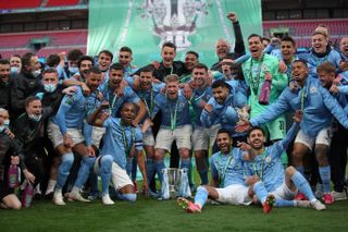 Manchester City players celebrate their 2015 League Cup final win over Tottenham.