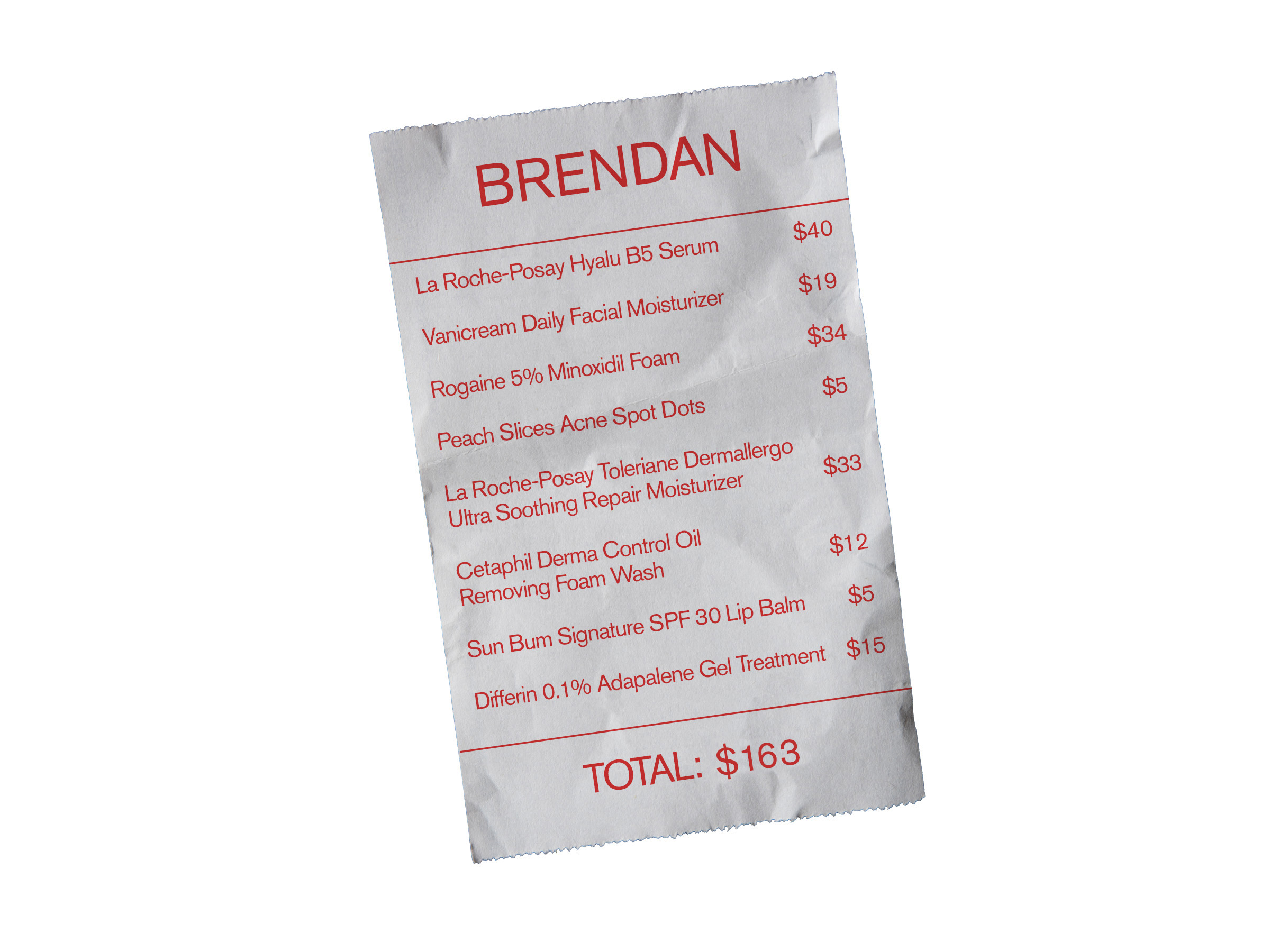 Receipt of Brendan Camp, M.D.'s favorite drugstore products