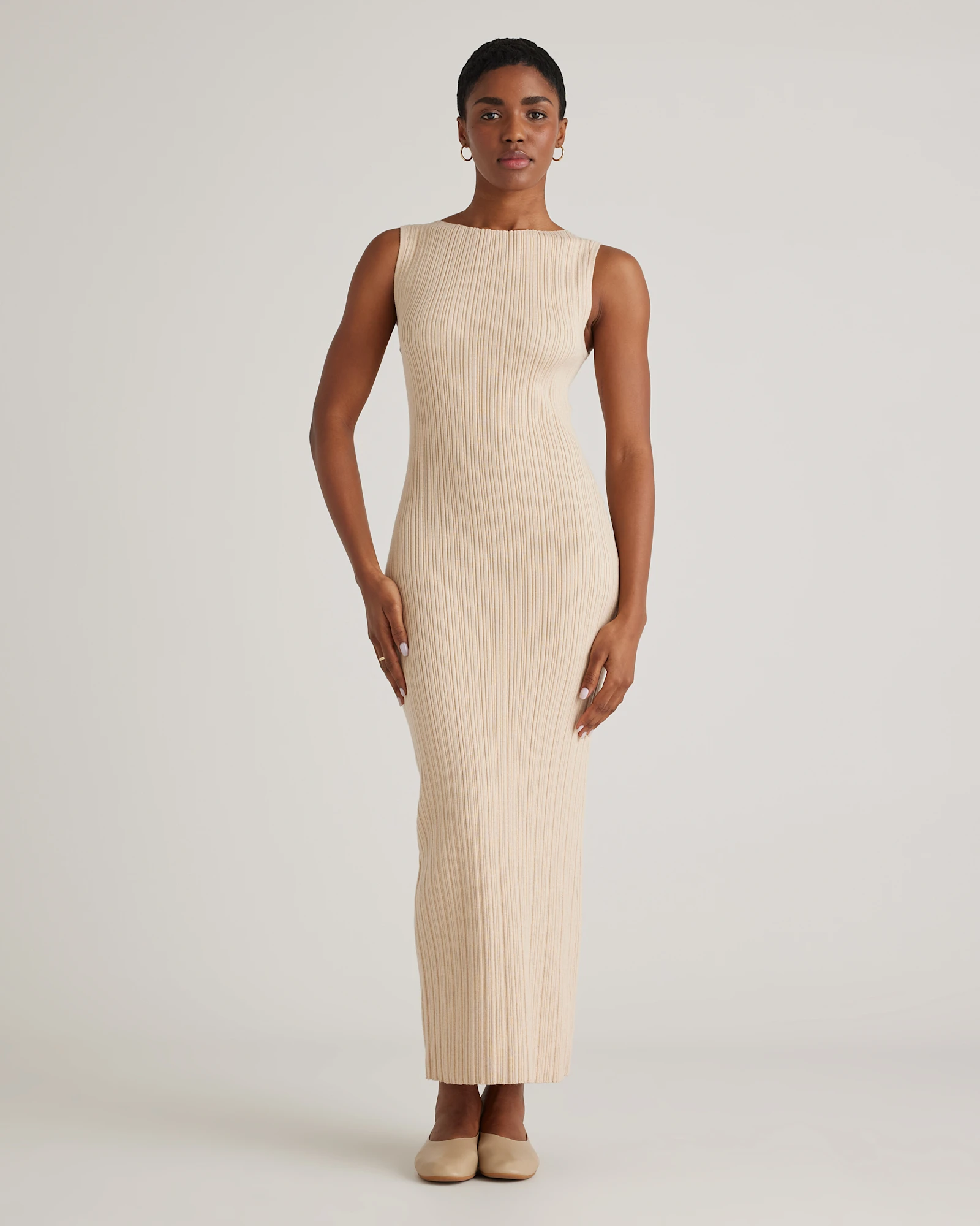 Cotton Cashmere Ribbed Sleeveless Midi Dress in Heather Oatmeal, Size Xs