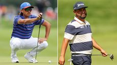 Rickie Fowler lines up a putt, JJ Spaun walks off the green