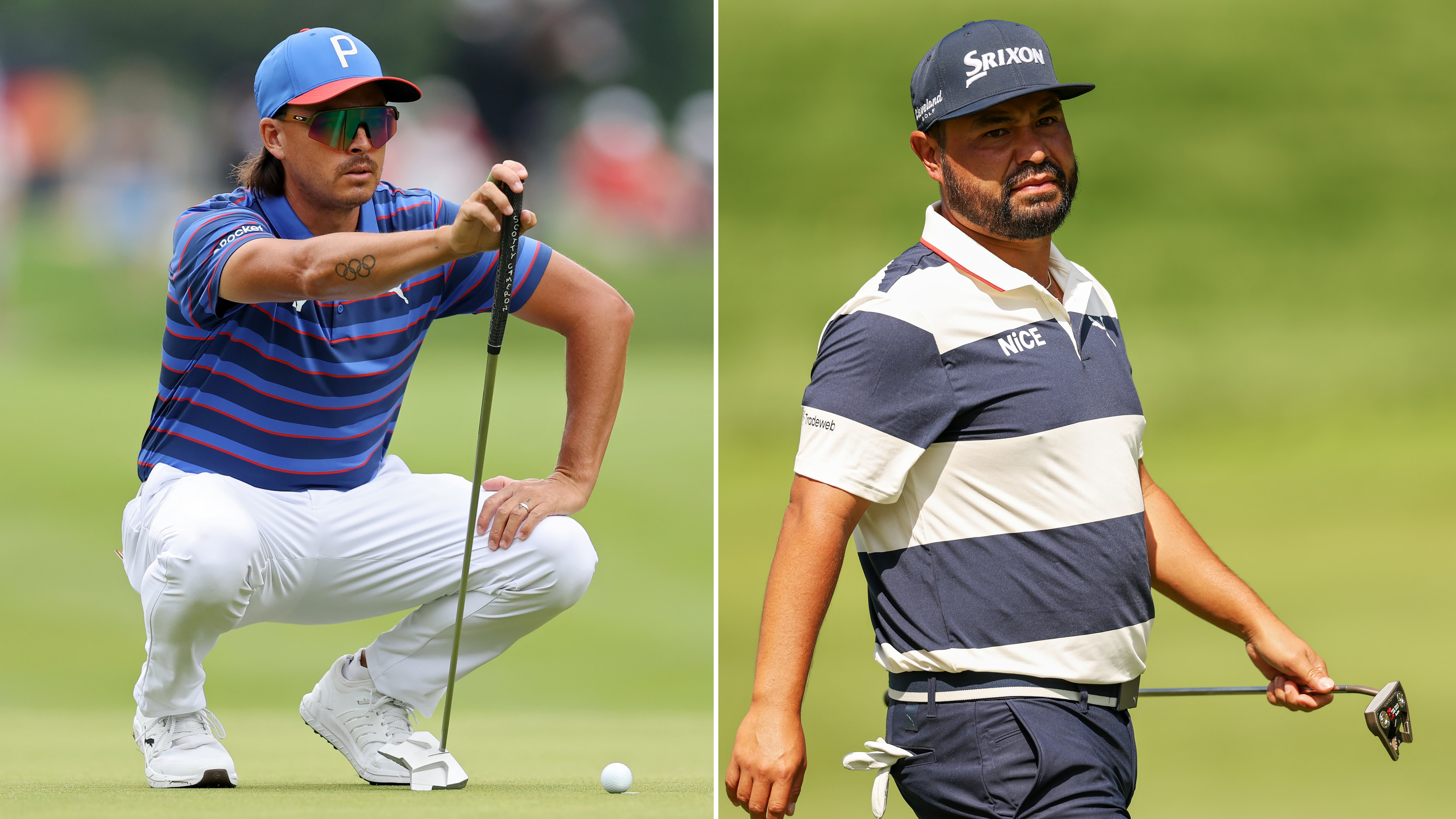 Rickie Fowler lines up a putt, JJ Spaun walks off the green