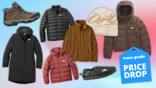 an image on a pink and blue background with a tom's guide price drop tag, showing a patagonia fleece, the north face coats three times, merrell moab 3, and the north face mules