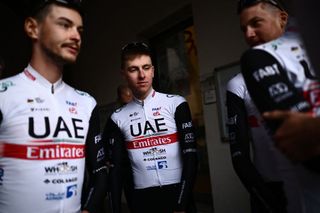 Tadej Pogacar and teammates at the Milan-San Remo 2023 teams presentation