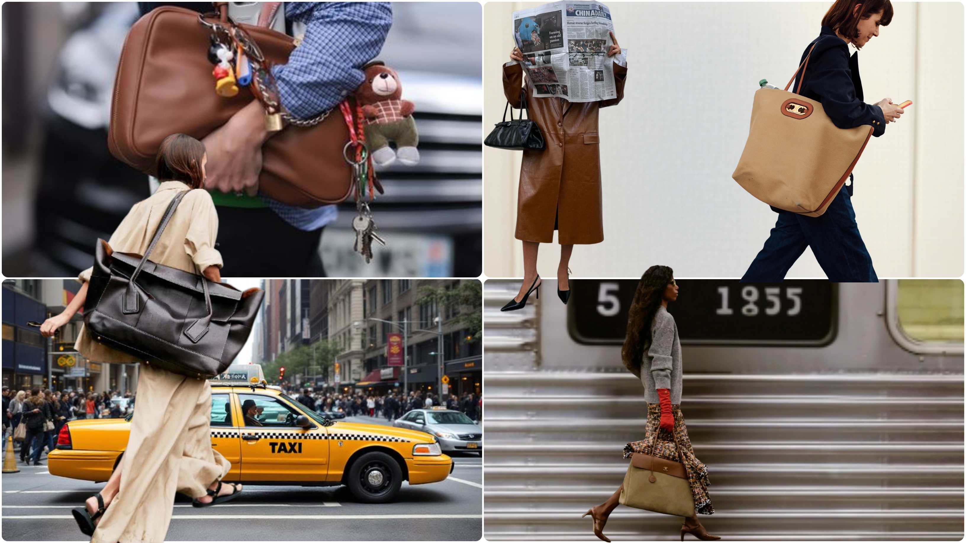 collage of moms carrying investment bags