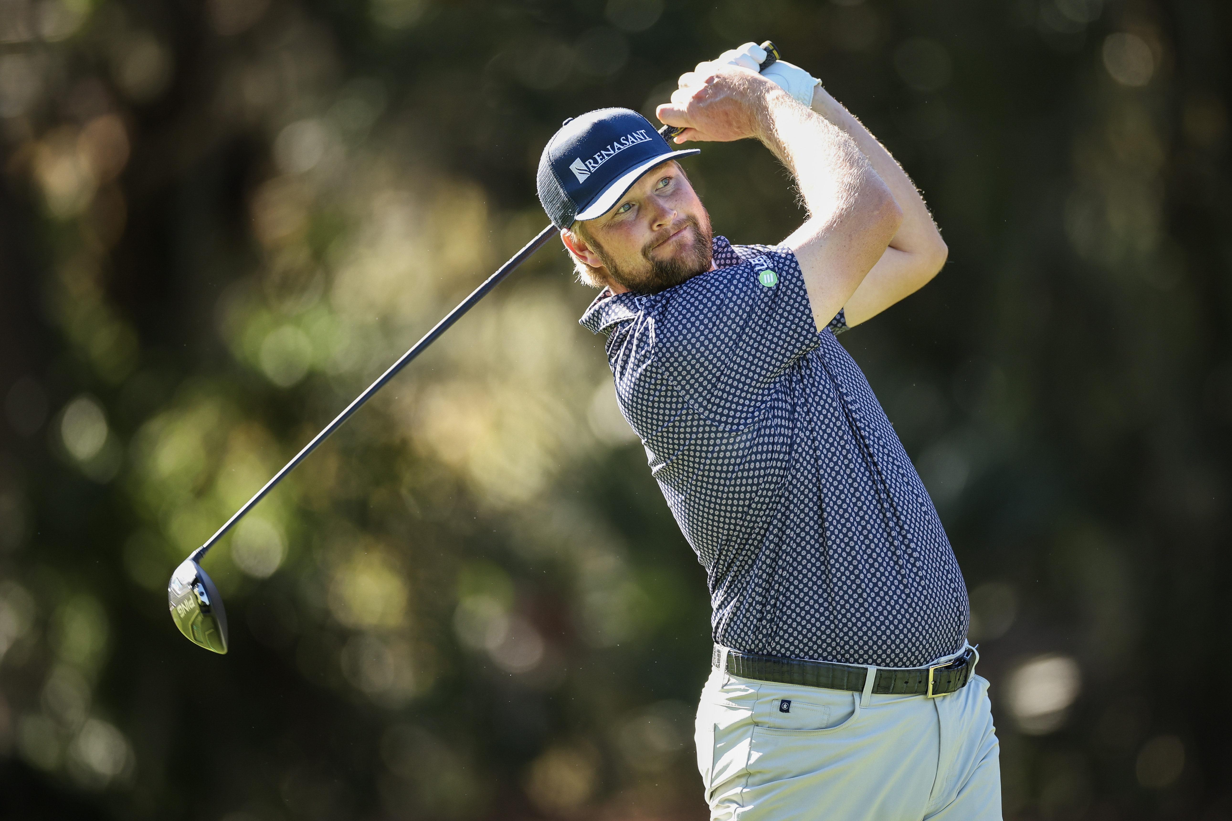 Trey Mullinax hits a tee shot with a driver