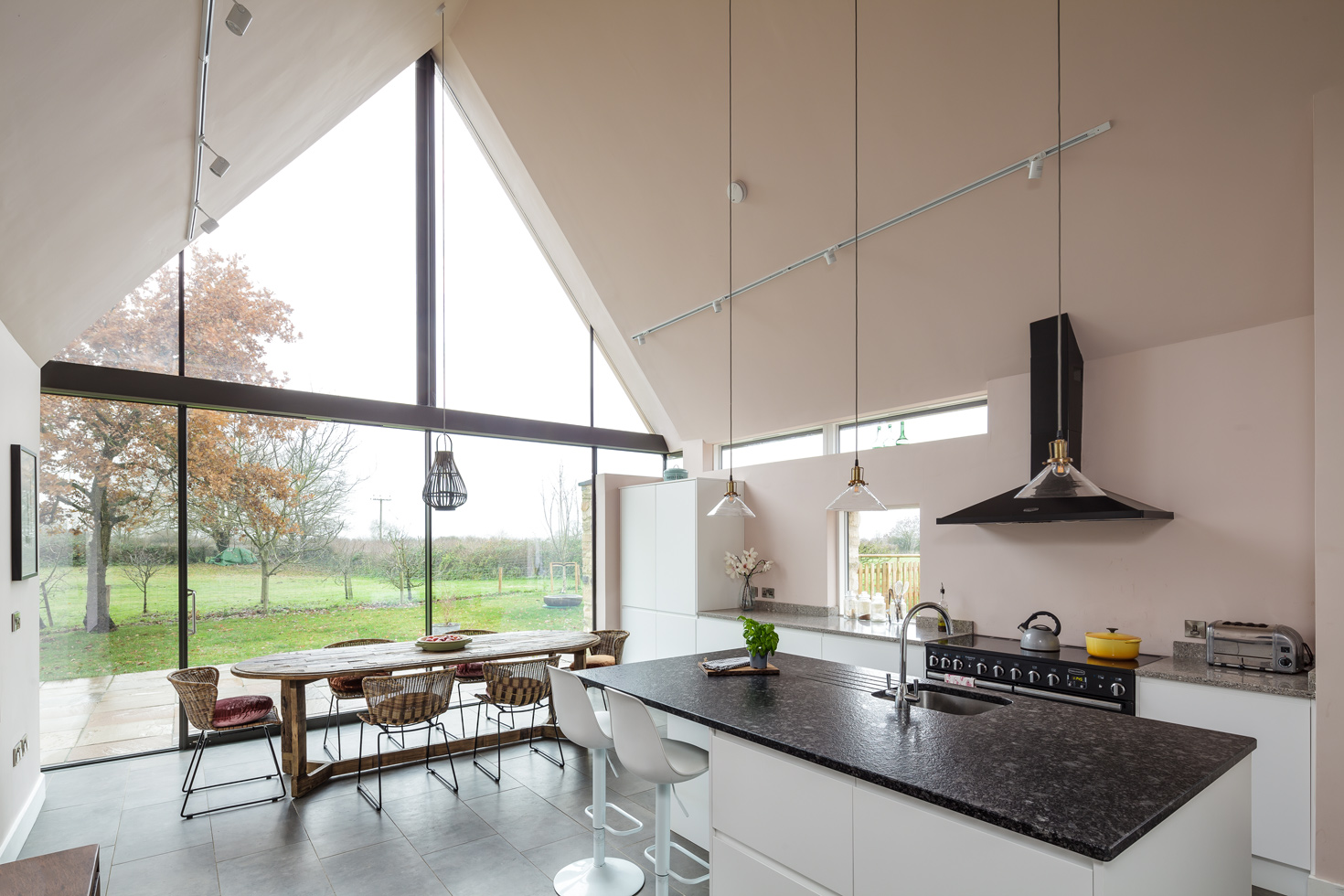 an open plan kitchen extension with a vaulted ceiling