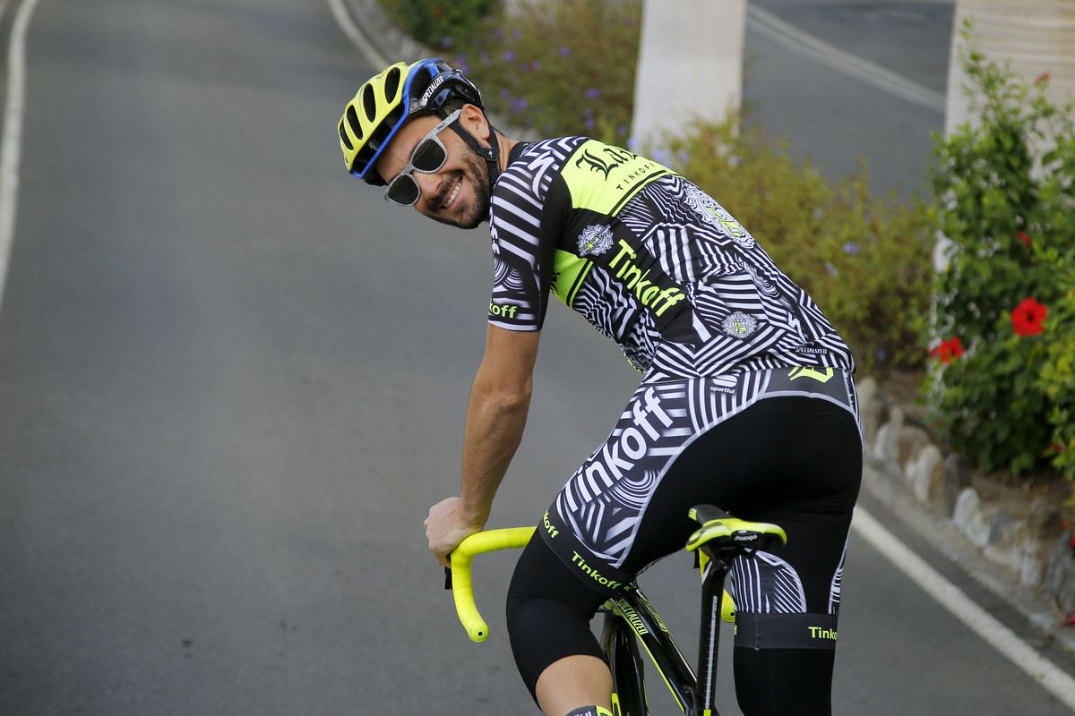 A bearded Ivan Basso on the bike