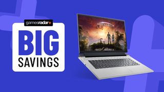Dell G16 gaming laptop on a blue background with big savings badge