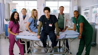 Scrubs cast members [L-R] JUDY REYES as Nurse Carla Espinosa, KEN JENKINS as Dr.Bob Kelso, SARAH CHALKE as Dr. Elliot Reid, ZACH BRAFF as Dr. J.D. Dorian, JOHN C. MCGINLEY as Dr. Perry Cox, DONALD FAISON as Dr. Chris Turk