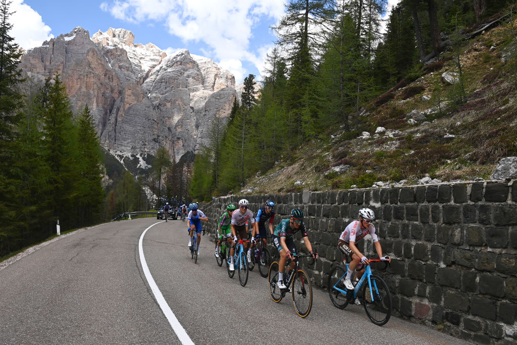 TRE CIME DI LAVAREDO ITALY MAY 26 Alex Baudin of France and AG2R Citron Team Stefano Oldani of Italy and Team AlpecinDeceuninck Nicolas Prodhomme of France and AG2R Citron Team Vadim Pronskiy of Kazakhstan and Astana Qazaqstan Team Larry Warbasse of The United States and AG2R Citron Team Santiago Buitrago of Colombia and Team Bahrain Victorious Patrick Konrad of Austria and Team BORA hansgrohe Magnus Cort of Denmark and Team EF EducationEasyPost Mattia Bais of Italy and Team EOLOKometa Davide Gabburo of Italy and Team Green ProjectBardiani CSFFaizan Derek Gee of Canada and Team Israel Premier Tech Jos Joaqun Rojas of Spain and Movistar Team Carlos Verona of Spain and Movistar Team and Michael Hepburn of Australia and Team Jayco AlUla compete in the breakaway climbing to the Passo Valparola 2196m during the 106th Giro dItalia 2023 Stage 19 a 183km stage from Longarone to Tre Cime di Lavaredo 2307m UCIWT on May 26 2023 in Tre Cime di Lavaredo Italy Photo by Tim de WaeleGetty Images