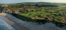 An aerial photograph from out to sea of the par 3, sixth hole Harry Colts' in the foreground and the par 4, fifth hole 'White Rocks' behind on the Dunluce Links at Royal Portrush Golf Club the host venue for the 2019 Open Championship on October 10, 2018 in Portrush, Northern Ireland. (Photo by David Cannon/Getty Images)