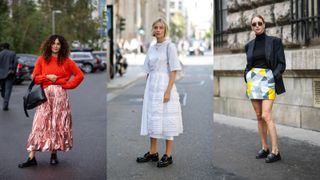 A composite of street style influencers showing how to style loafers with skirts