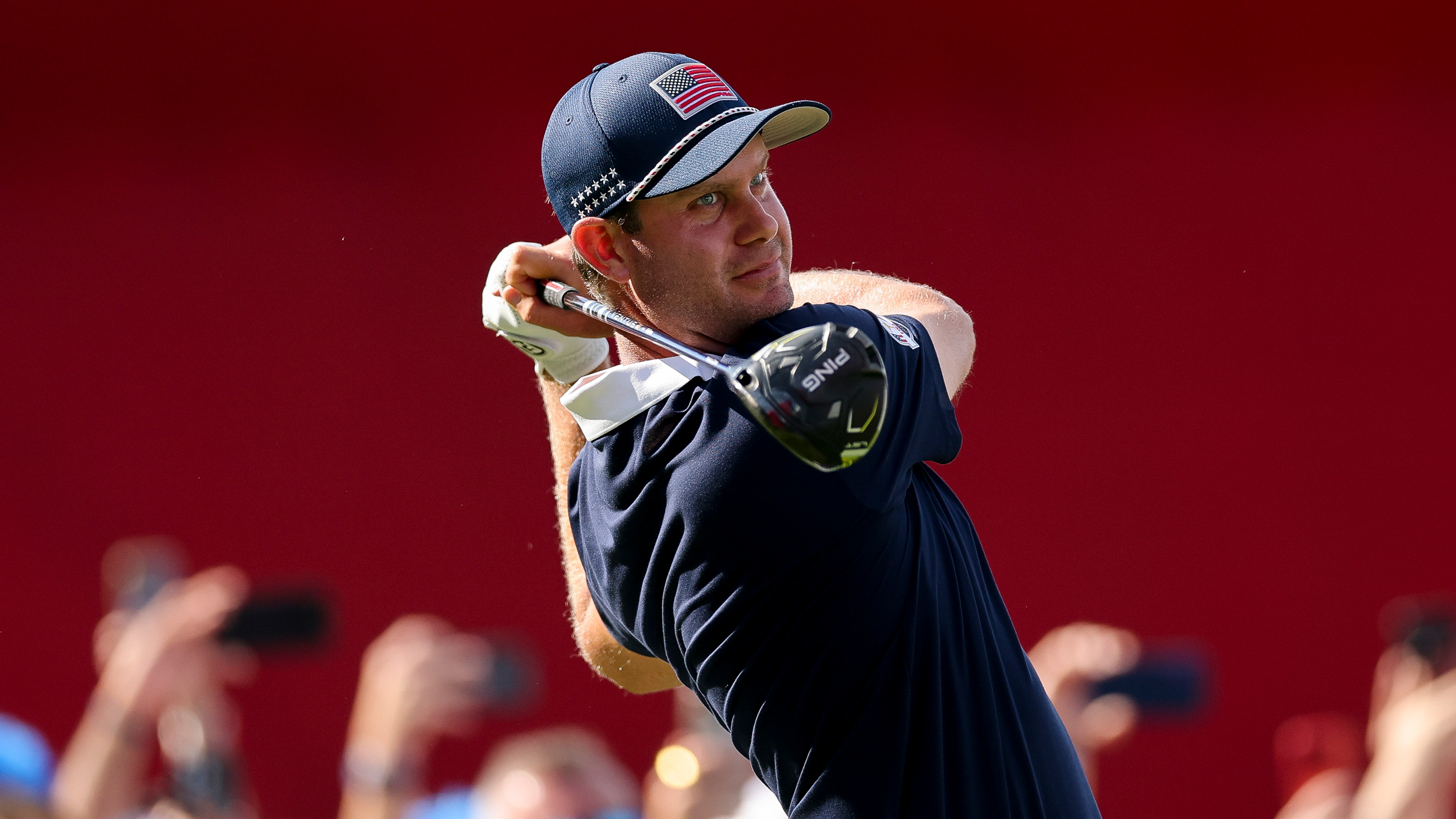 Harris English hits a drive during the 2025 Ryder Cup