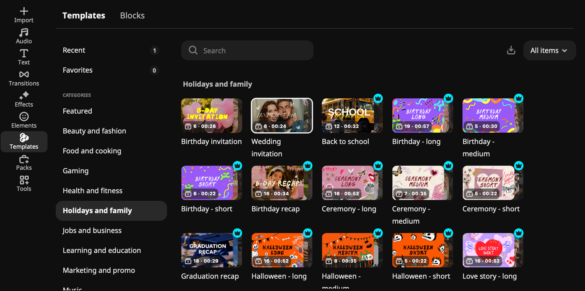 Dark video-editing template library showing holiday and family designs, including birthday, wedding, school, ceremony, Halloween, graduation, and love story templates
