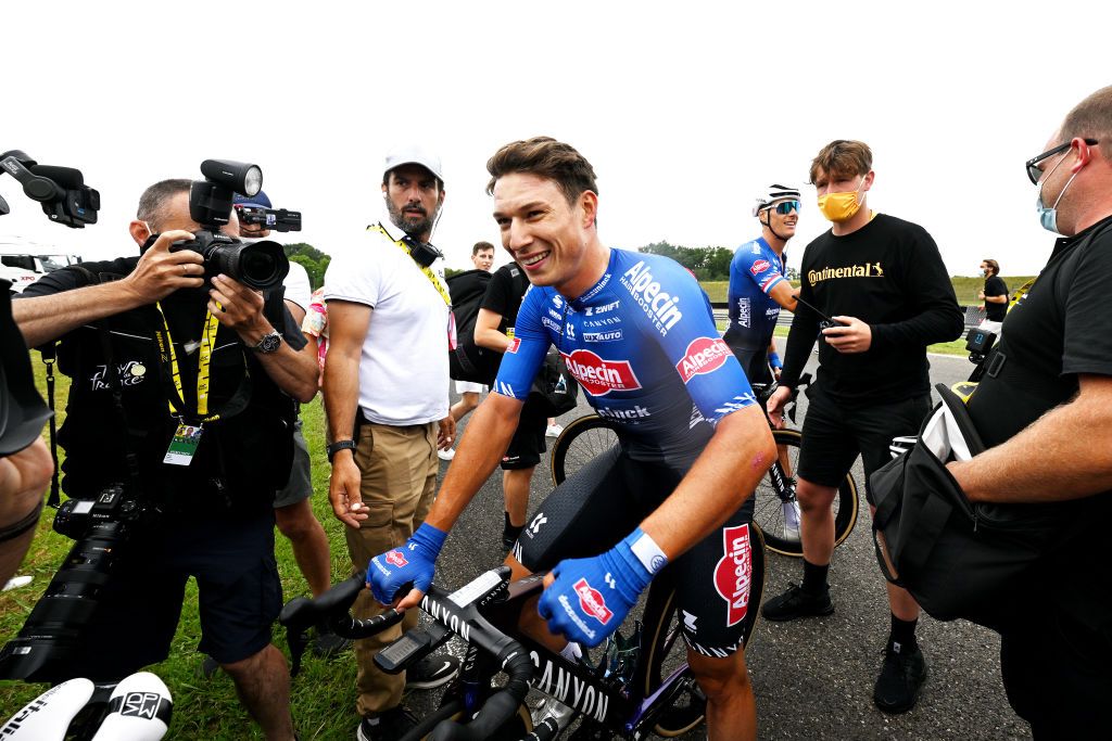 NOGARO FRANCE JULY 04 Stage winner Jasper Philipsen of Belgium and Team AlpecinDeceuninck reacts after the stage four of the 110th Tour de France 2023 a 1818km stage from Dax to Nogaro UCIWT on July 04 2023 in Nogaro France Photo by David RamosGetty Images