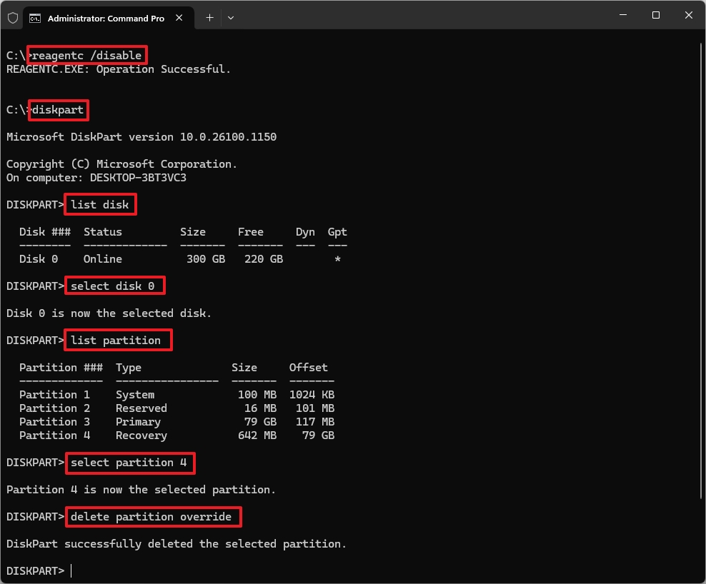 DiskPart delete recovery partition