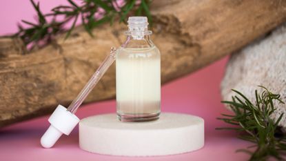 Rosemary oil for hair loss: Glass pipette and bottle of essential oil near organic materials on pink background. Trendy selfcare products of the year