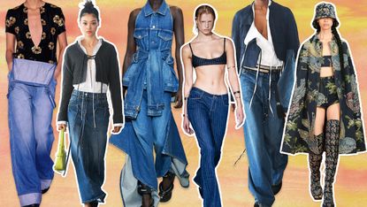 collage of women wearing different kinds of denim: denim skirts, low-rise denim, and more