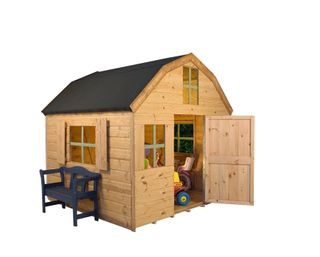 Mercia Barnhouse Children's Playhouse brown with black roof and black bench seat on the side, and three green framed windows
