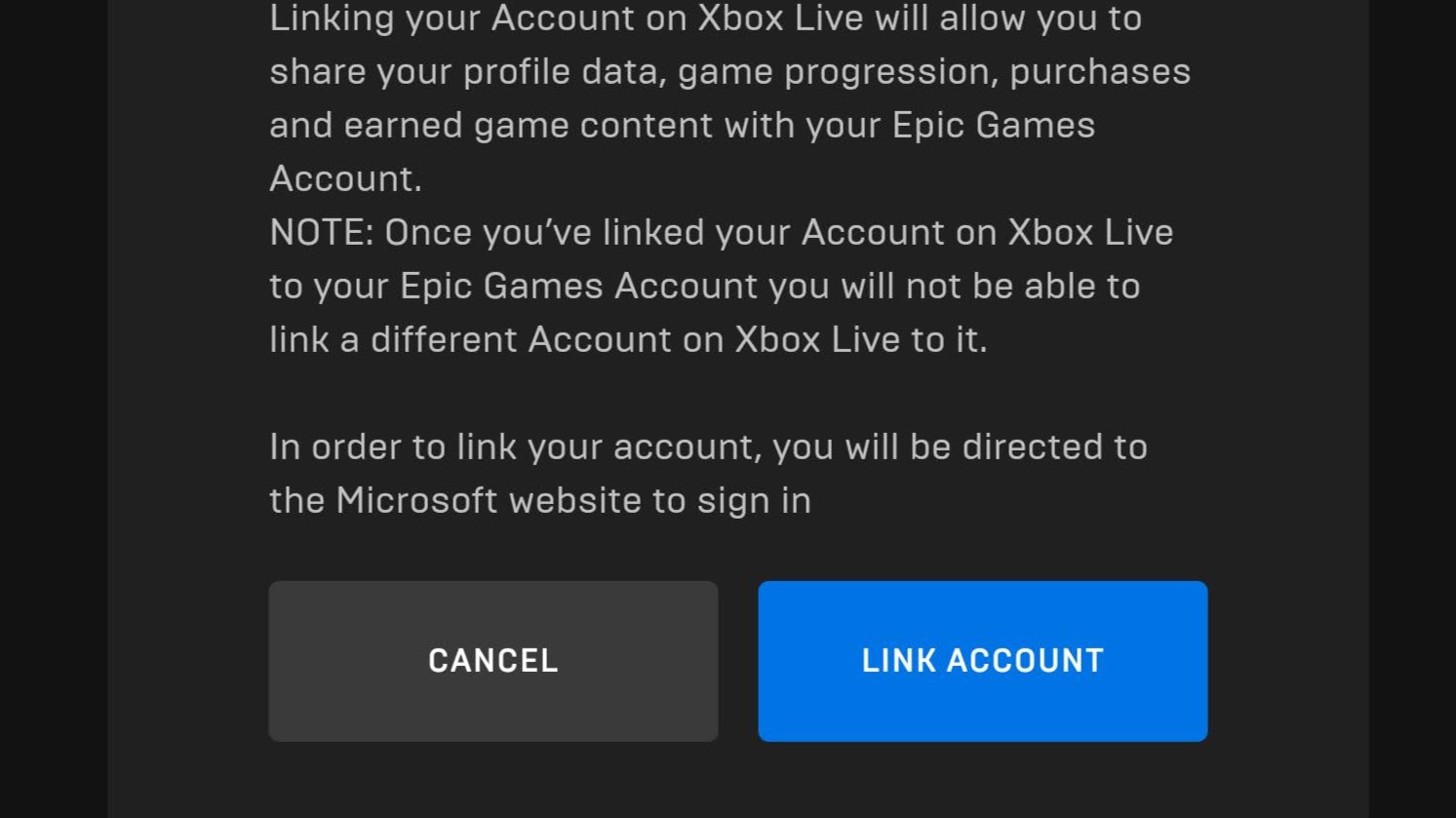 A box prompting you to link your Xbox Live account to an Epic games account