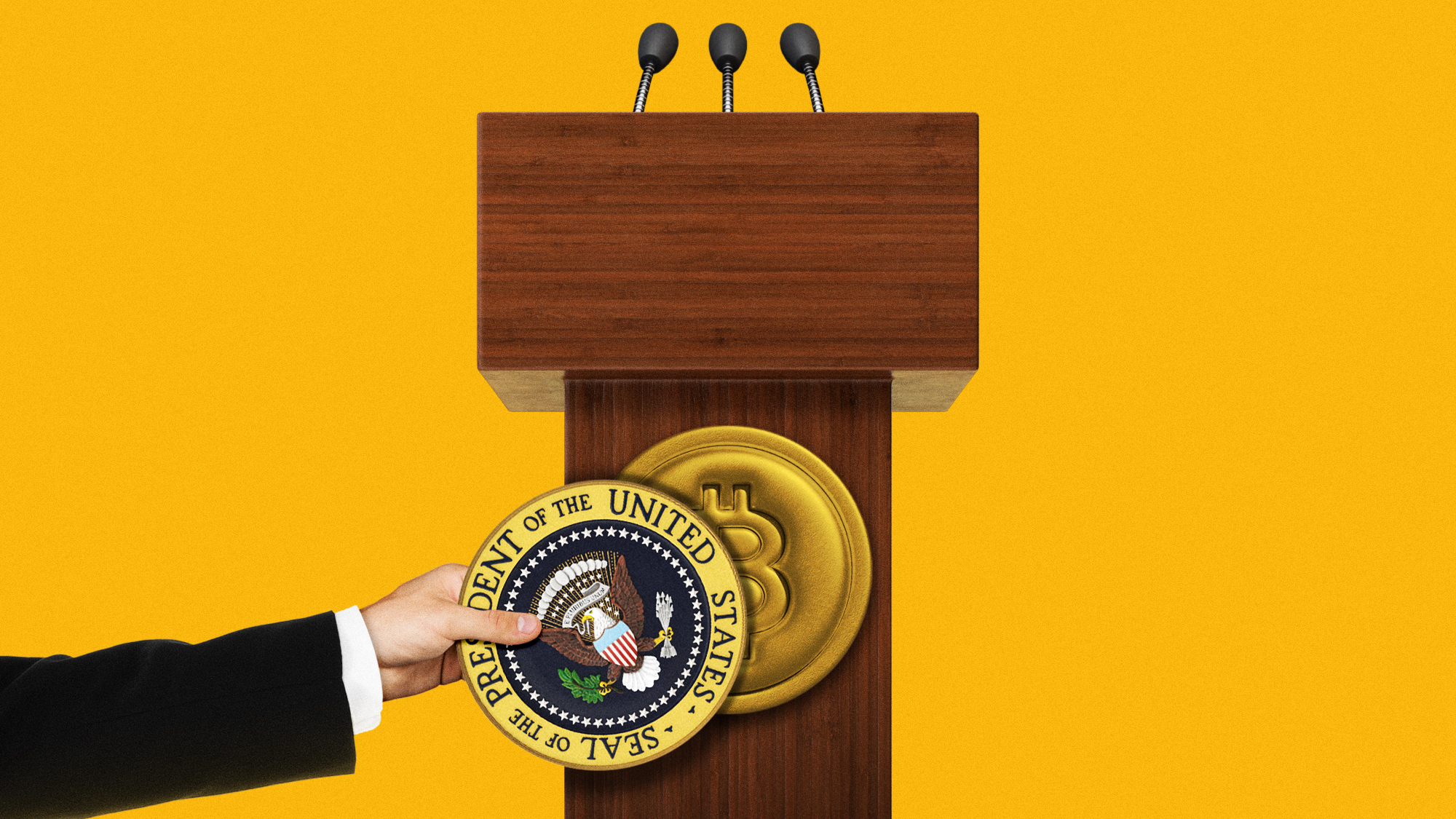 Photo illustration of a hand removing the seal of the President of the United States from a lectern to reveal a Bitcoin