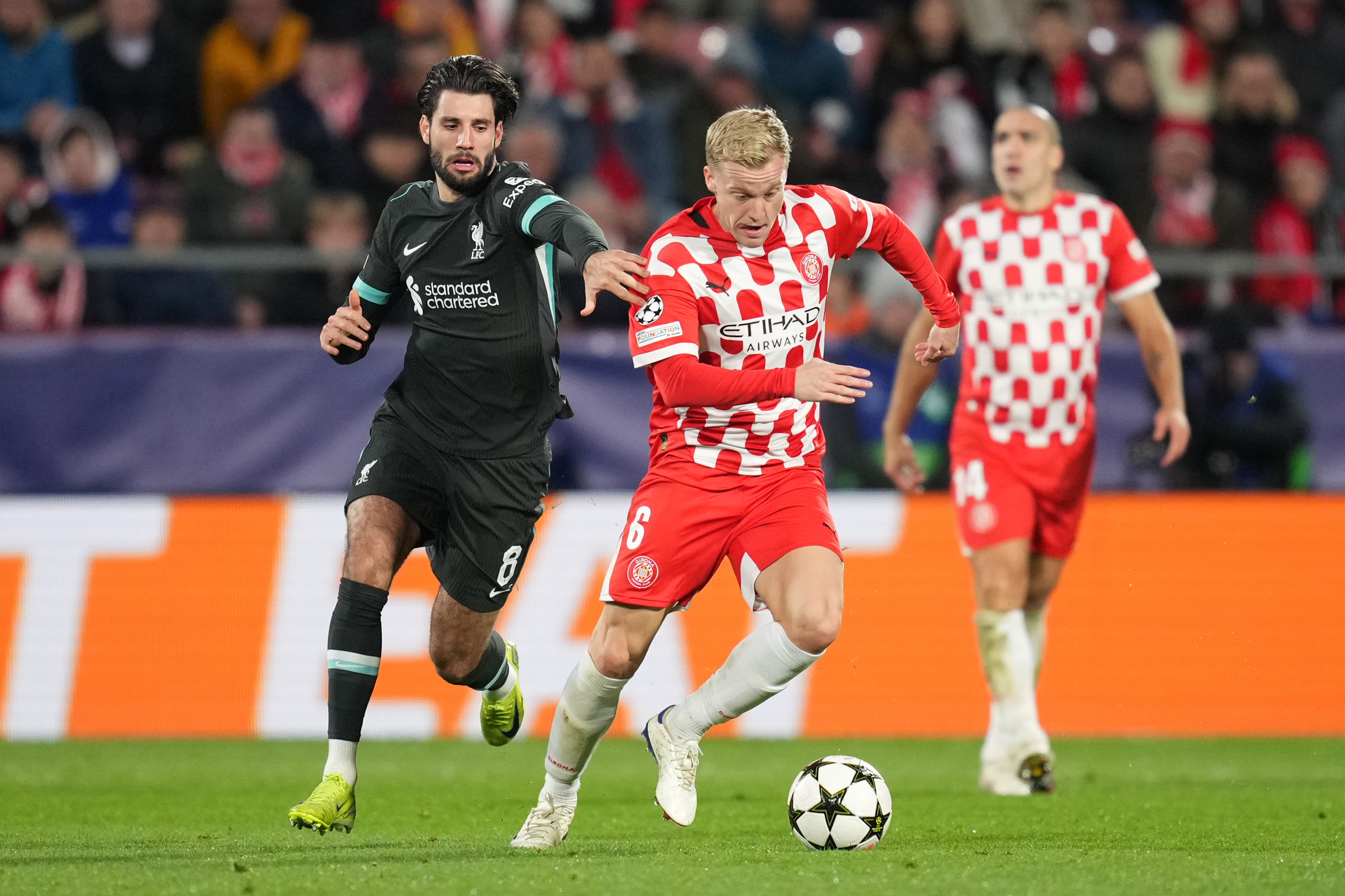 Girona midfielder Donny van de Beek in action against Liverpool in the UEFA Champions League