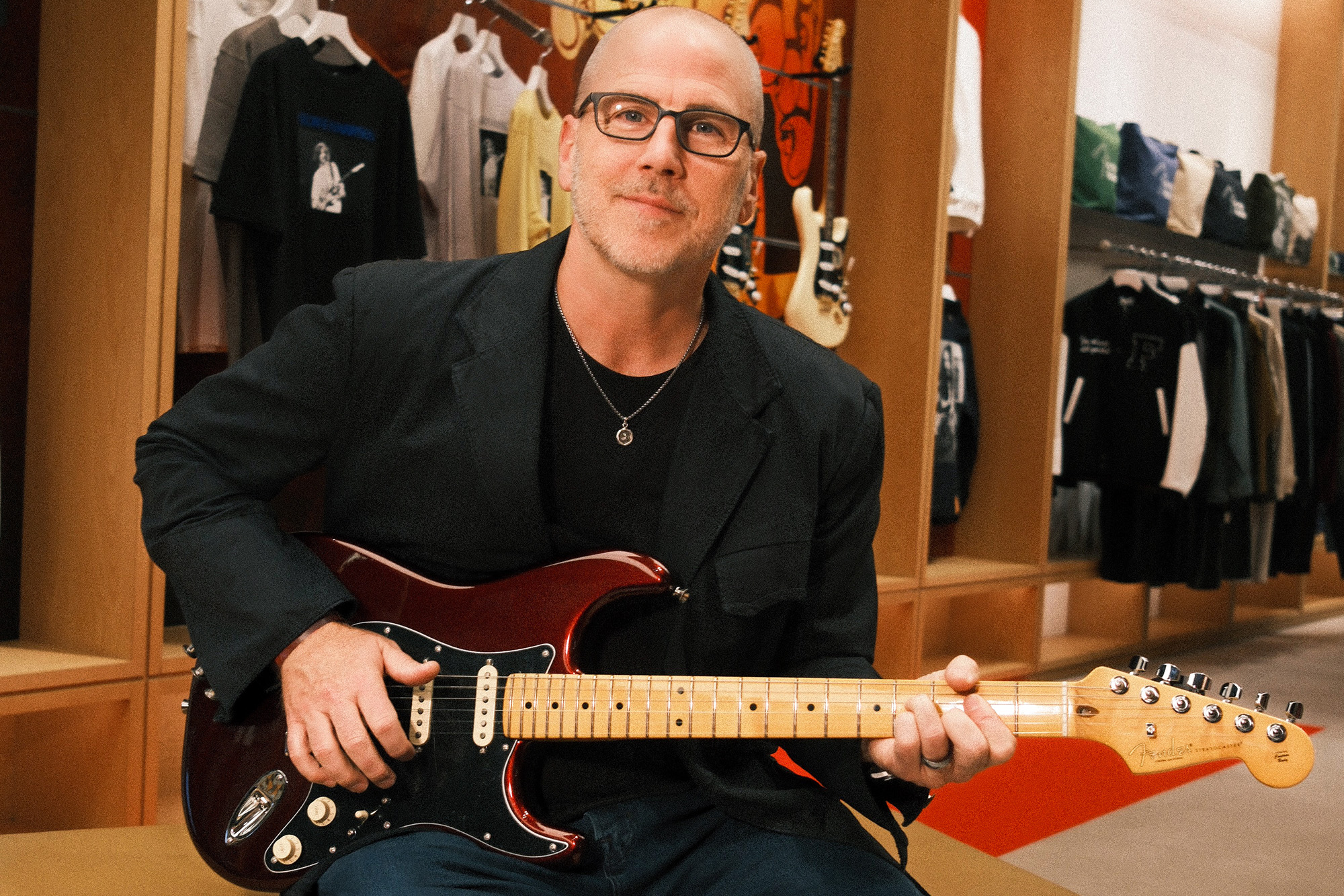 Justin Norvell poses with the new American Professional Stratocaster