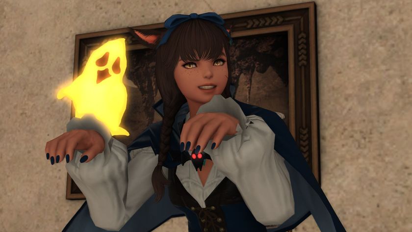 Final Fantasy 14 Miqote and her ghost minion doing a silly, creepy pose in front of a white wall. 