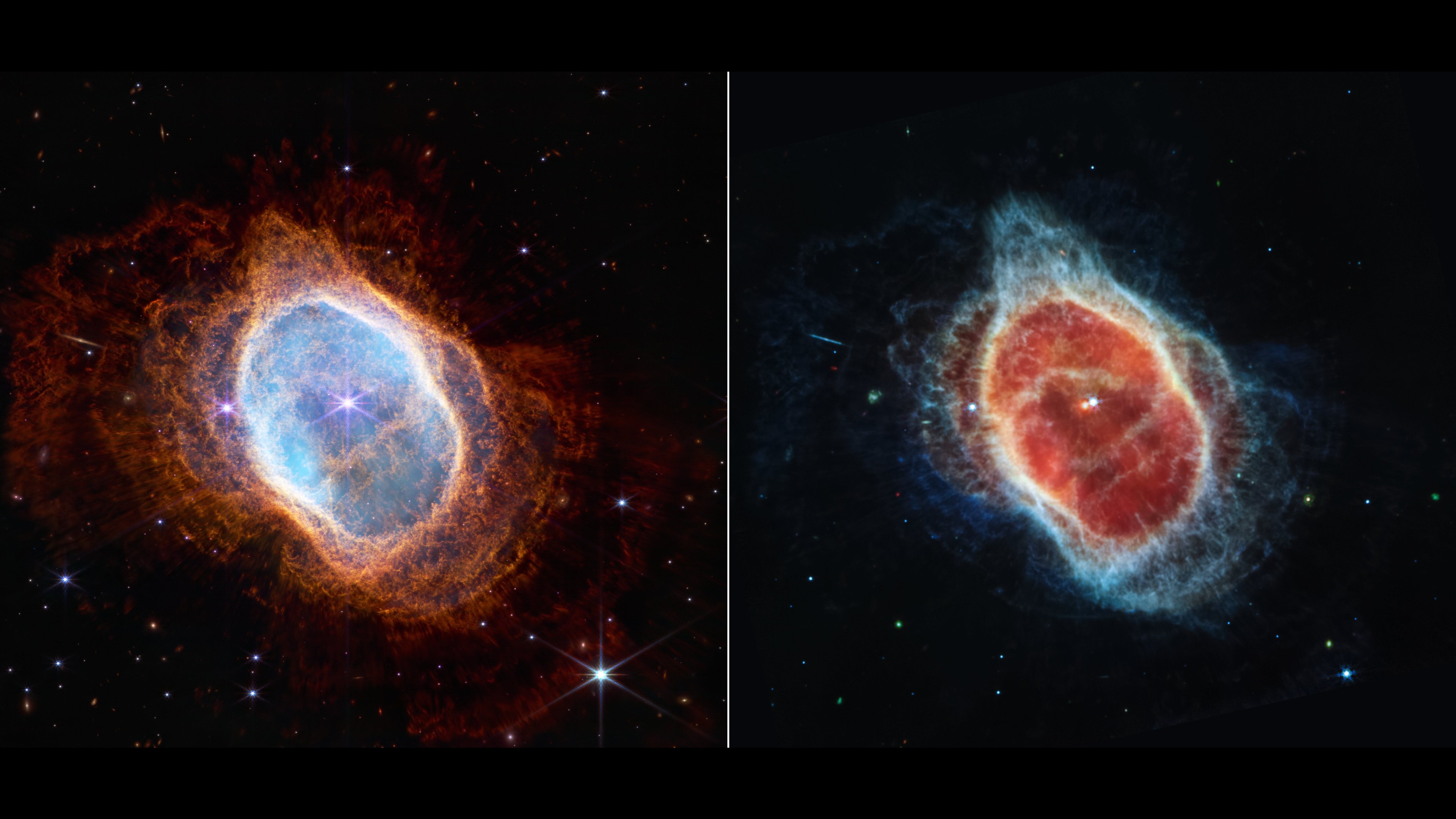 The image is split down the middle, showing two views of the Southern Ring Nebula.
